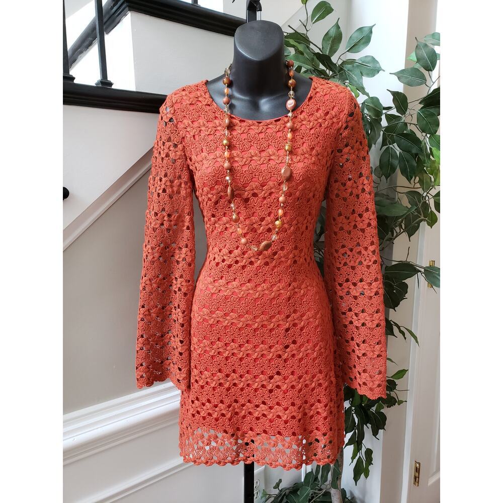 Basically Me Crochet Dress Womens Small Pink Lined Cotton Long Sleeve Round Neck